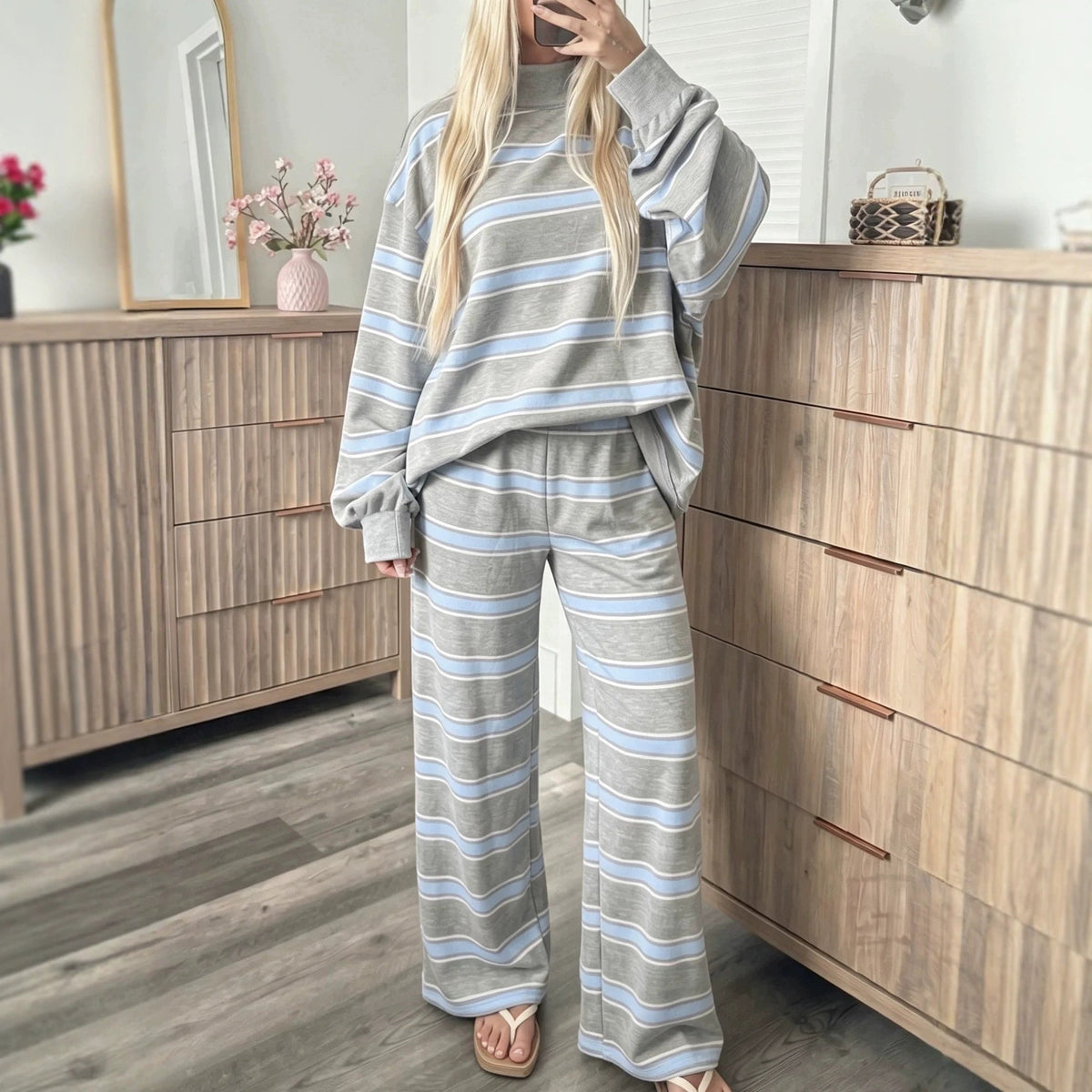 Women’s Striped Mock Neck & Wide Leg Two-Piece Set