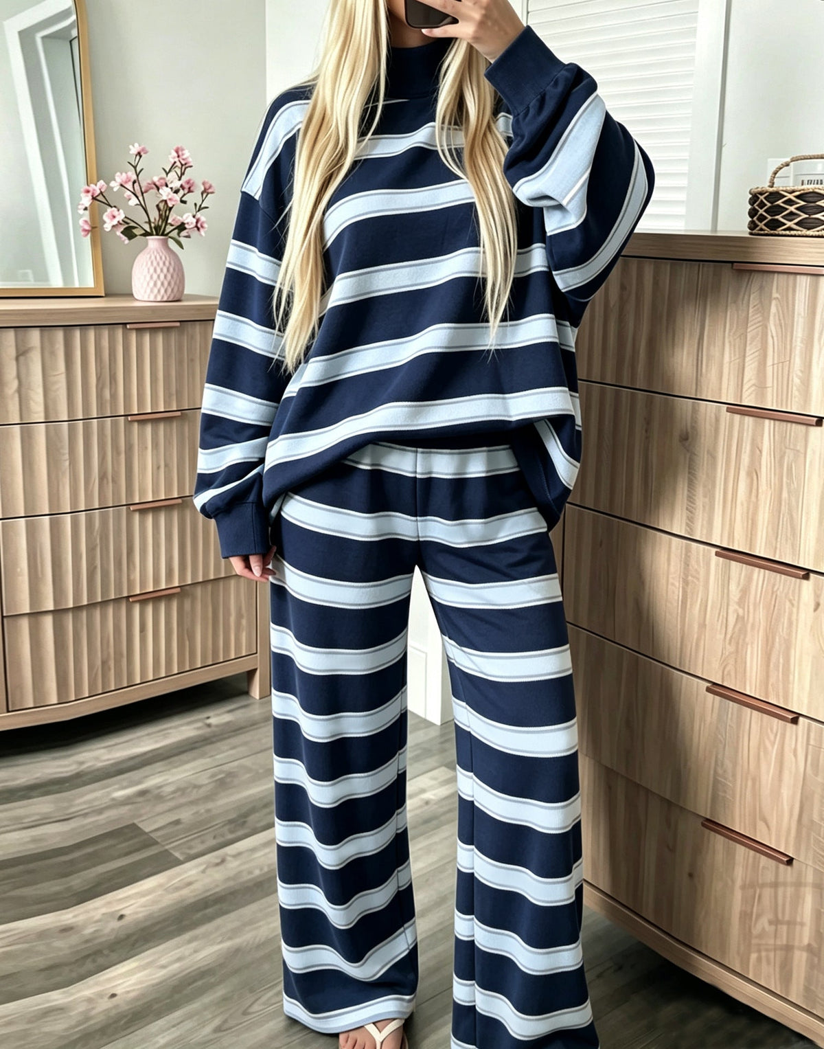Women’s Striped Mock Neck & Wide Leg Two-Piece Set