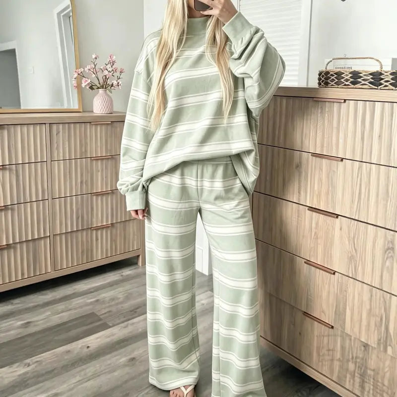 Women’s Striped Mock Neck & Wide Leg Two-Piece Set
