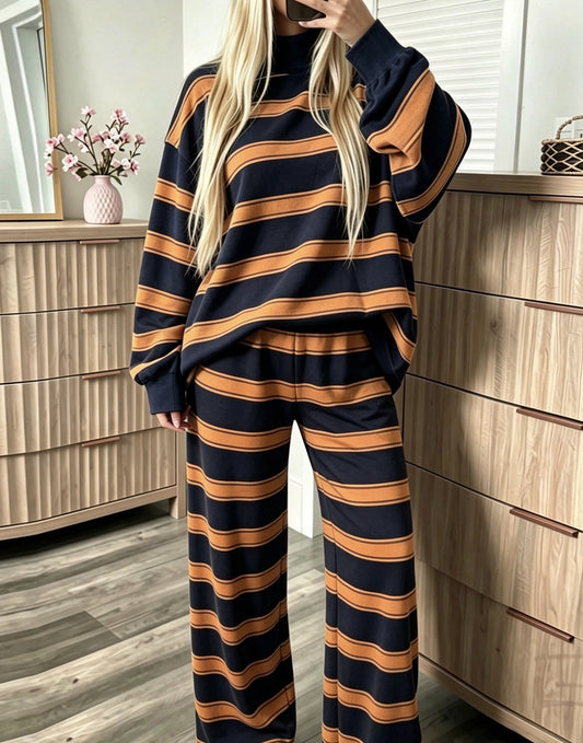 Women’s Striped Mock Neck & Wide Leg Two-Piece Set