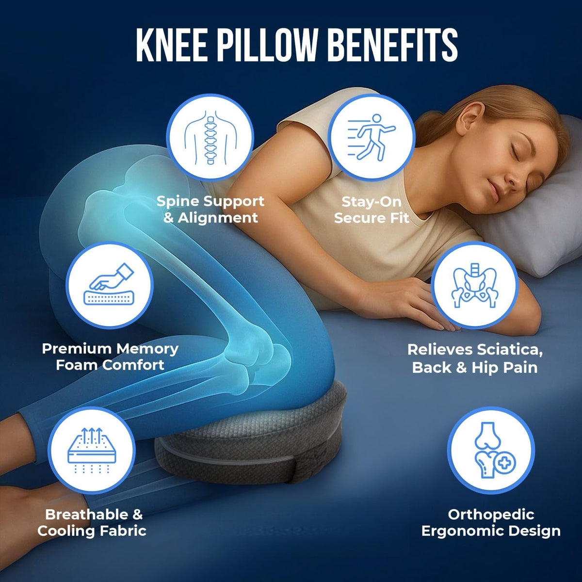 Memory Foam Knee Pillow for Side Sleepers, Adjustable Leg Pillow for Hip Pain, Sciatica Relief & Spine Alignment
