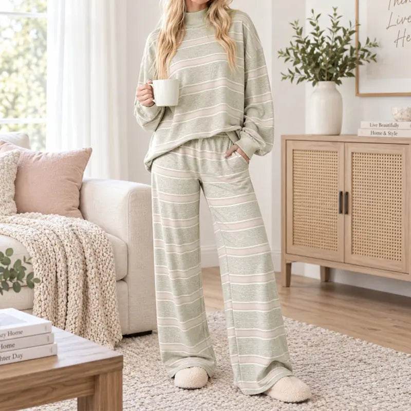 Women’s Striped Mock Neck & Wide Leg Two-Piece Set